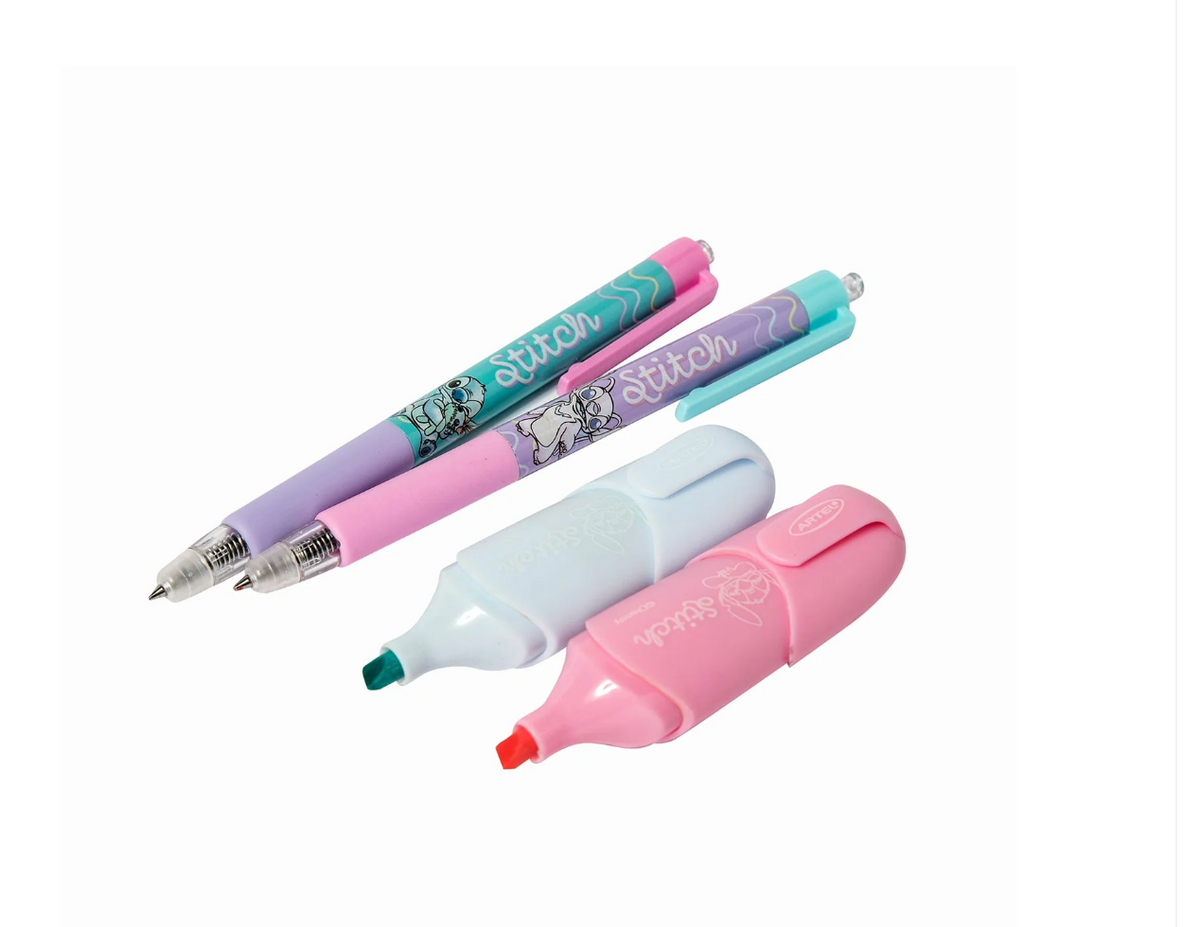 Set 2 Bolígrafos Y 2 Destacadores Stitch Artel