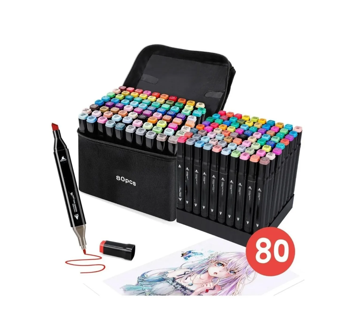 Maleta con 80 Marcadores Doble Punta + Base