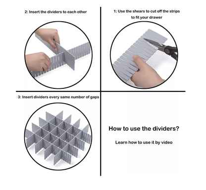Set 4 Separadores organizadores de cajon, plástico, gris 