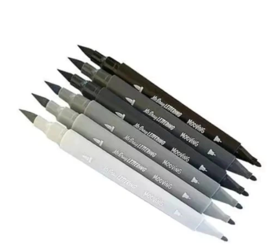 Set 6 Brush Doble Punta Escala Grises Premium Mooving