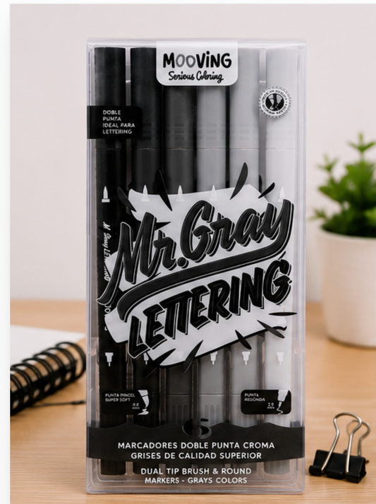 Set 6 Brush Doble Punta Escala Grises Premium Mooving