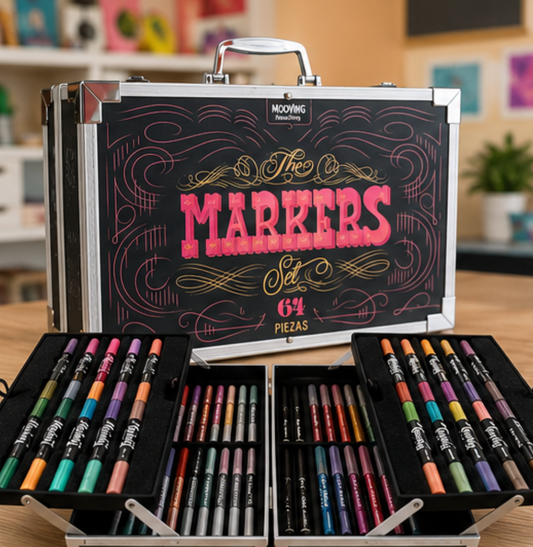 Mooving Coloring The Markers Set 64 Piezas – Maleta metálica completa con 64 marcadores y herramientas creativas
